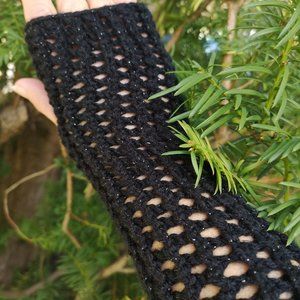 Black Handmade Ajour Net Knit Fingerless Gloves Mittens Gants sans doigts